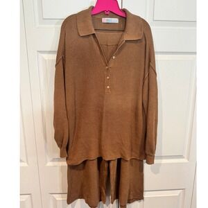 Free People Ribbed Knit Collared Top and Shorts Set in Brown